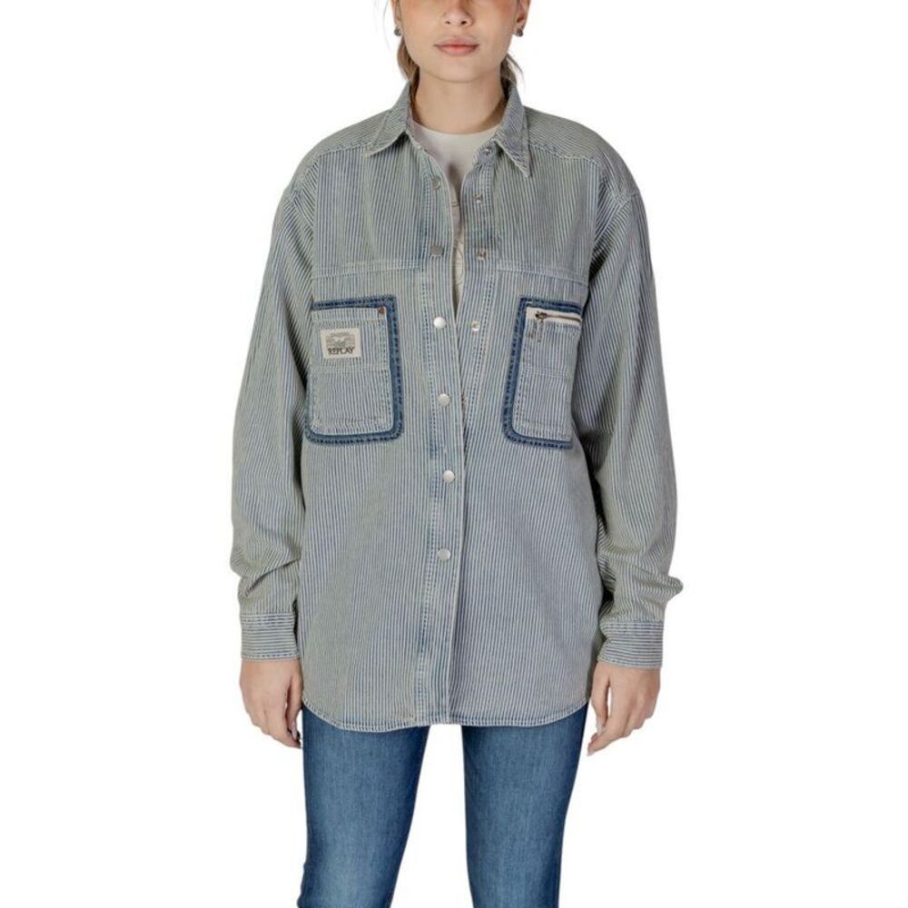 Replay Striped Oversized Shirt with Pockets Women Blue Sweaters